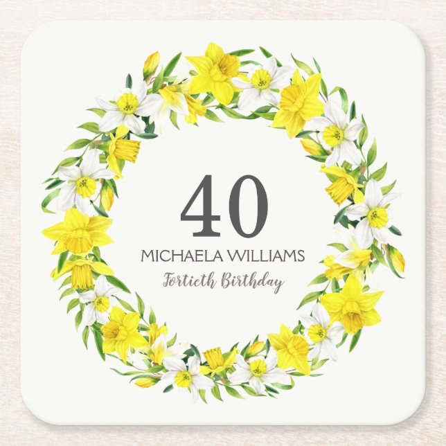 Yellow White Daffodils Wreath 40th Birthday Square Paper Coaster (Front)