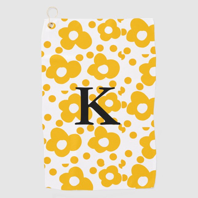 Yellow white daisy floral pattern add monogram mus golf towel (Front)