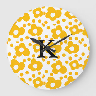 Yellow white daisy floral pattern add monogram mus large clock