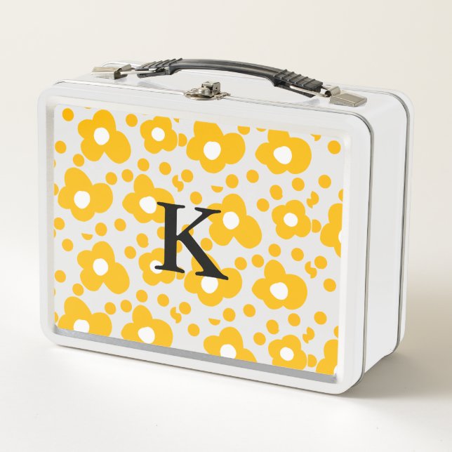 Yellow white daisy floral pattern add monogram mus metal lunch box (Front)
