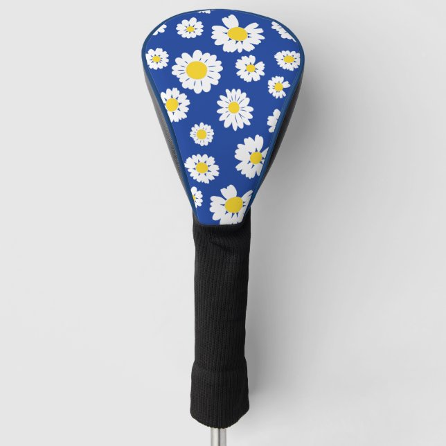 Yellow White Daisy Flower Floral Pattern on Blue  Golf Head Cover (Front)
