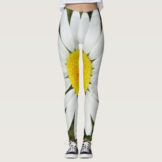 Yellow White Daisy Flower Floral Photography Leggings (Front)