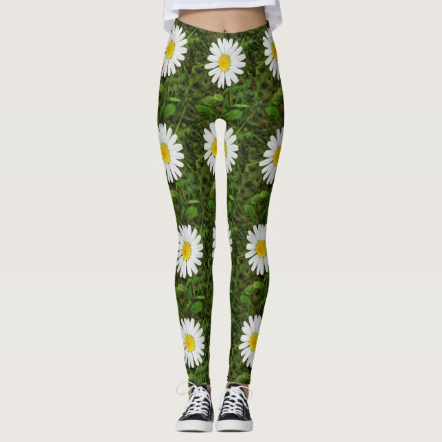 Yellow White Daisy Flowers Floral Photography Leggings (Front)