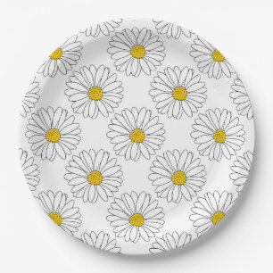 Yellow White Daisy Pattern Paper Plate