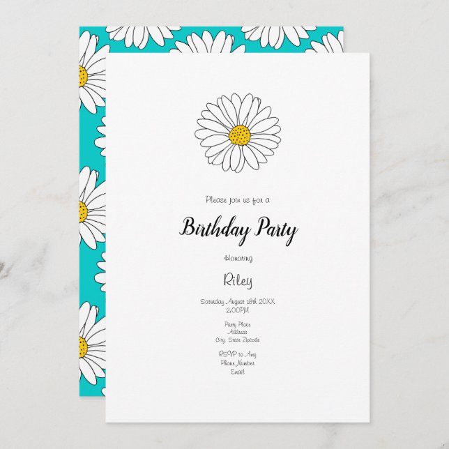 Yellow White Daisy Yellow Turquoise Daisy Pattern Invitation (Front/Back)