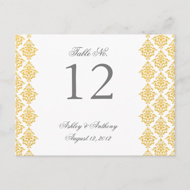Yellow White Damask Arabesque Table Number Card (Front)