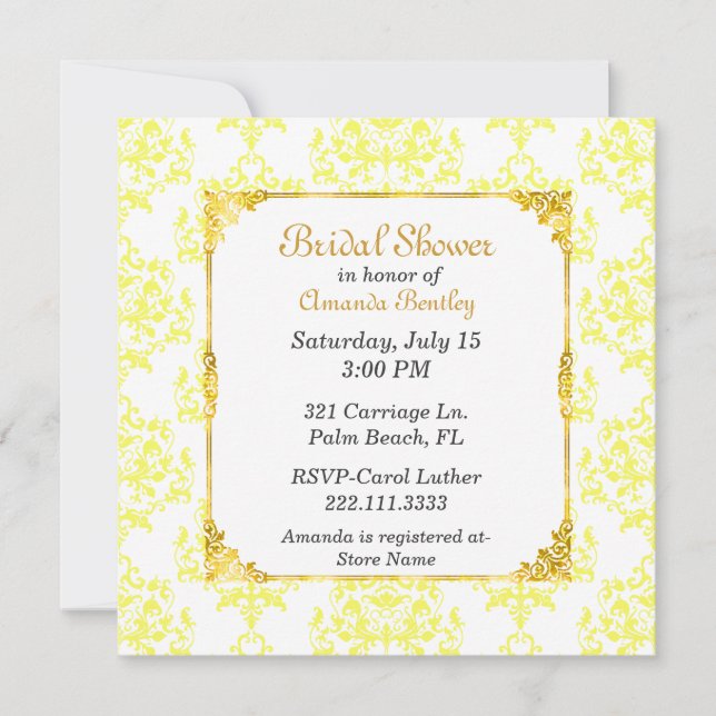 Yellow & White Damask Bridal Shower Invitation (Front)