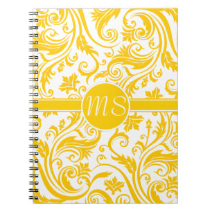Yellow White Damask Monogram Notebook