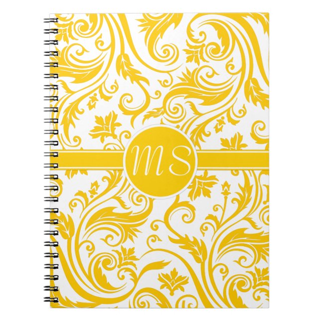 Yellow White Damask Monogram Notebook (Front)