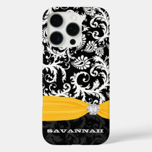 Yellow &  White Damask Printed Faux Rhinestone iPhone 16 Pro Case