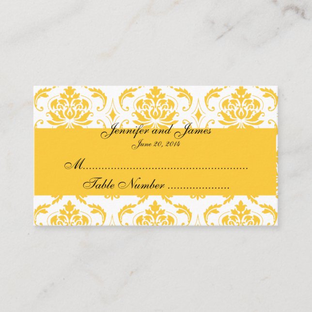 Yellow White Damask Wedding Place Card (Front)