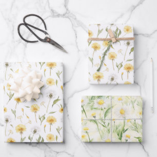 Yellow White Dandelion Flowers Birthday Wrapping Paper Sheet