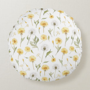 Yellow White Dandelions Flowers Round Cushion