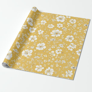 Yellow White Ditsy Flower Pastel Boho 70s Vintage Wrapping Paper