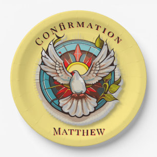 Yellow White Dove Religious Catholic Confirmation  Paper Plate