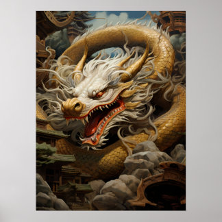 Yellow & White Eastern Dragon Illustration Print/ Poster