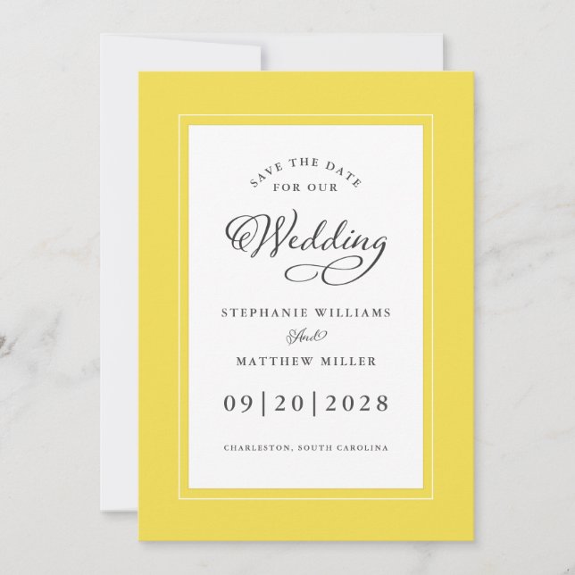 Yellow White Elegant Wedding Chic Script Border Save The Date (Front)