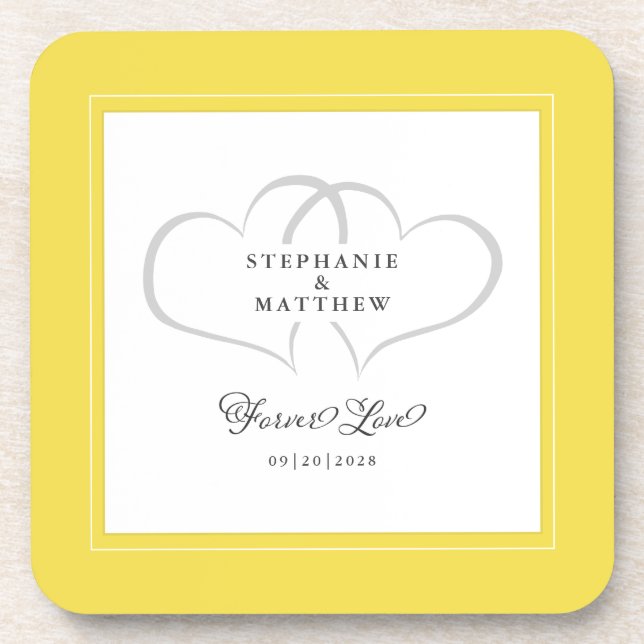 Yellow & White Elegant Wedding Hearts Forever Love Coaster (Front)