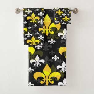 Yellow White Fleur De Lis  Bath Towel Set