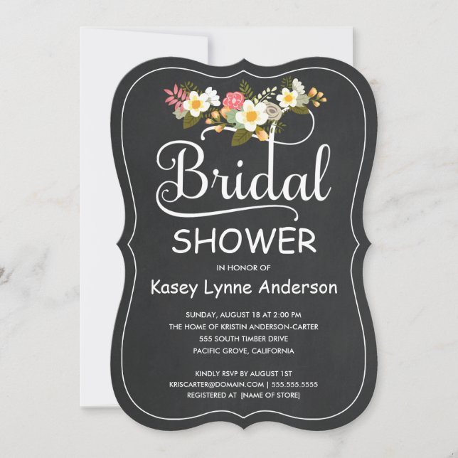 Yellow & White Floral Chalkboard Bridal Shower Invitation (Front)