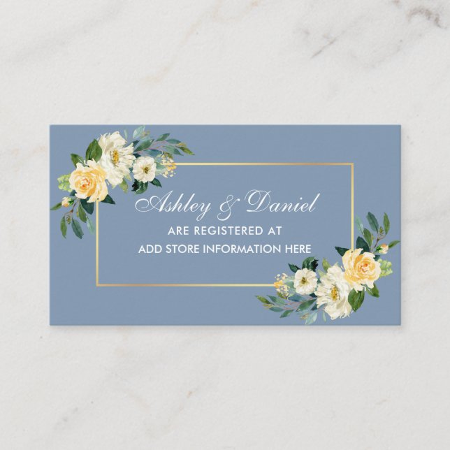 Yellow White Floral Dusty Blue Wedding Registry Enclosure Card (Front)