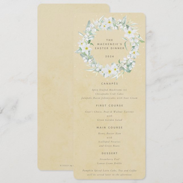 Yellow White Floral Easter Wreath Flat 4 Course Menu (Front/Back)