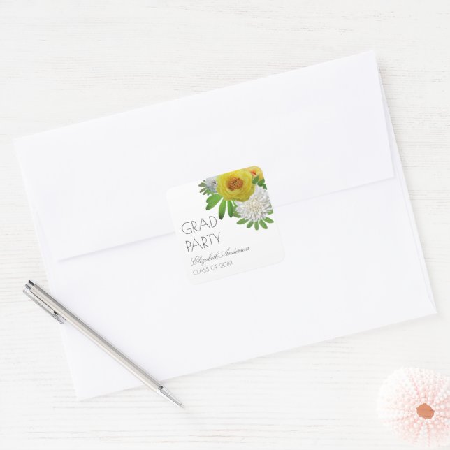 Yellow & White Floral Graduation Party Square Sticker (Envelope)