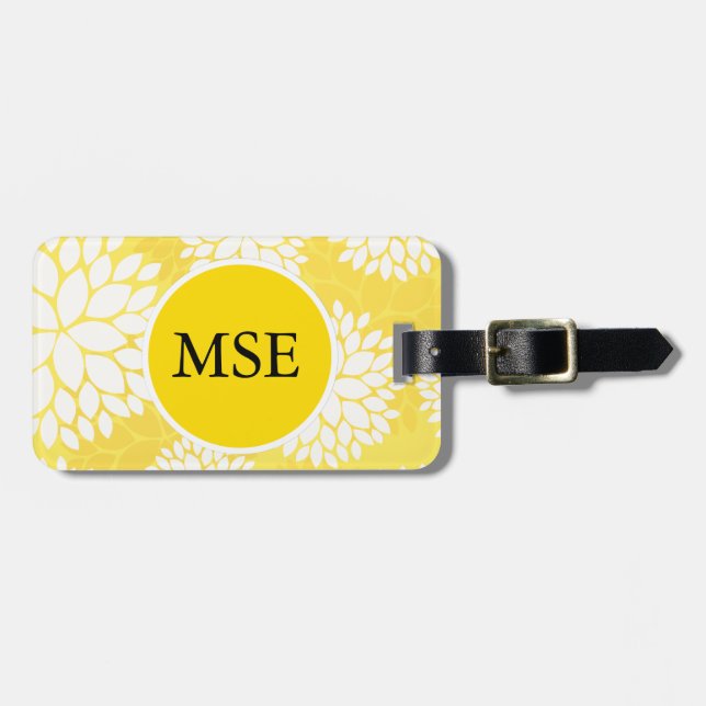 Yellow White Floral Monogram Pattern Luggage Tag (Front Horizontal)
