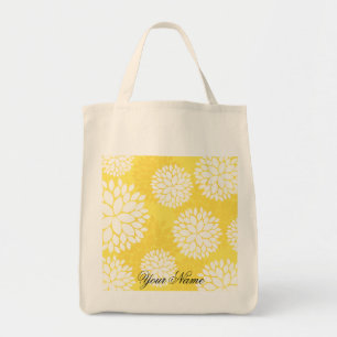 Yellow White Floral Monogram Pattern Tote Bag