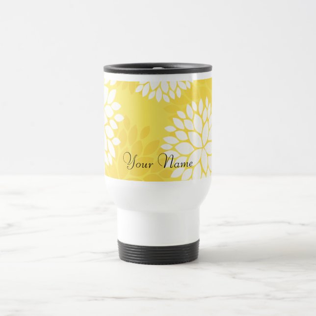 Yellow White Floral Monogram Pattern Travel Mug (Center)