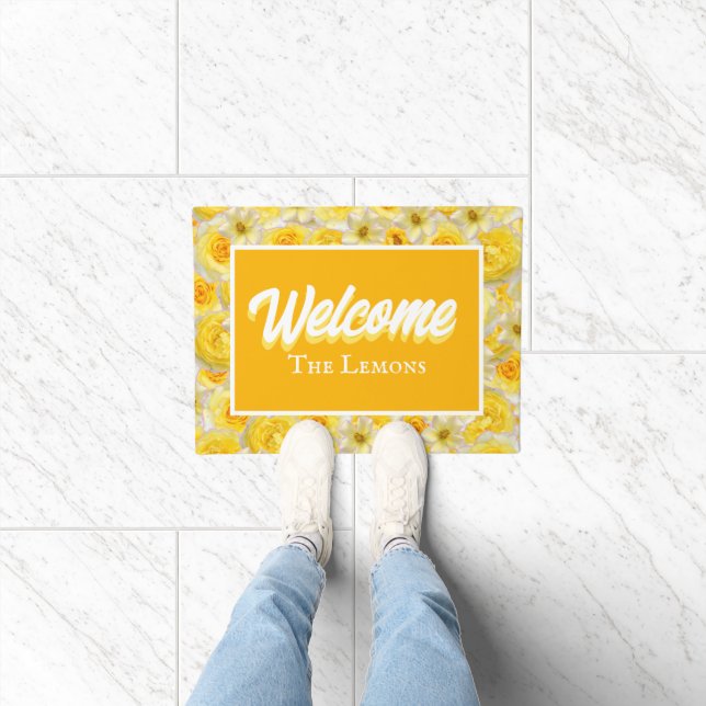 Yellow & White Floral Personalise Entryway Welcome Doormat (Indoor)
