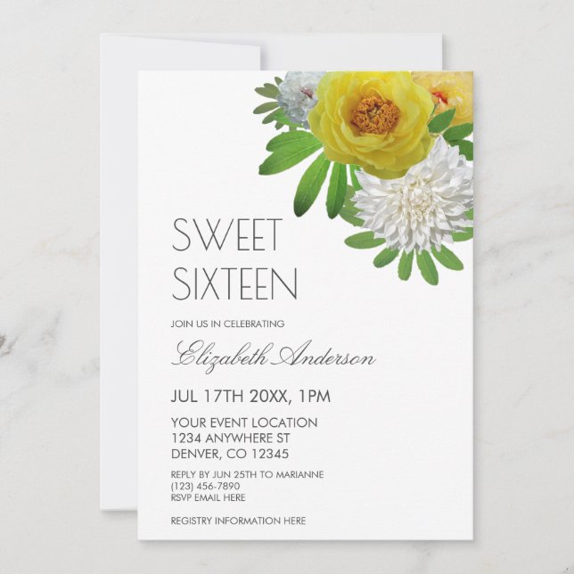 Yellow & White Floral Sweet Sixteen Invitation (Front)