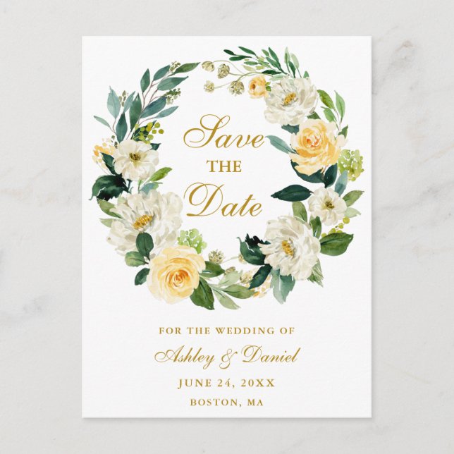 Yellow White Floral Wreath Gold Save the Date Announcement Postcard (Front)