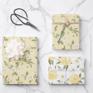 Yellow White Flowers Birthday Wrapping Paper Sheet