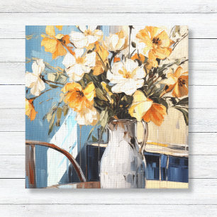 Yellow & White Flowers in Vase Blue Wall Canvas Print