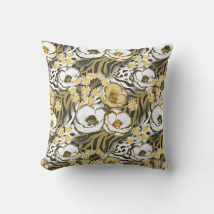 Yellow, white flowers on a tiger background  cushion