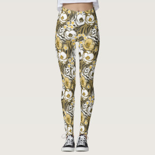 Yellow, white flowers on a tiger background  leggings