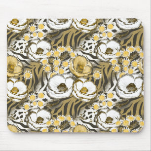 Yellow, white flowers on a tiger background mouse mat