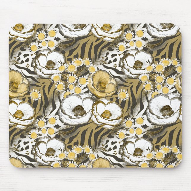 Yellow, white flowers on a tiger background  mouse mat (Front)