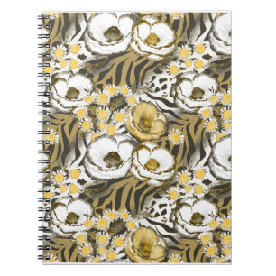 Yellow, white flowers on a tiger background notebook