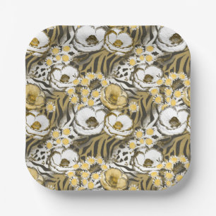 Yellow, white flowers on a tiger background paper plate