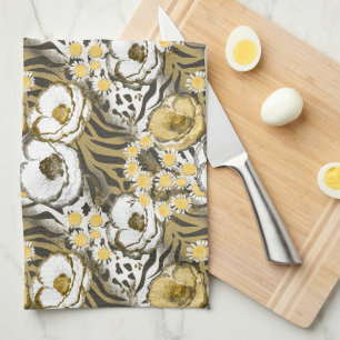 Yellow, white flowers on a tiger background  tea towel