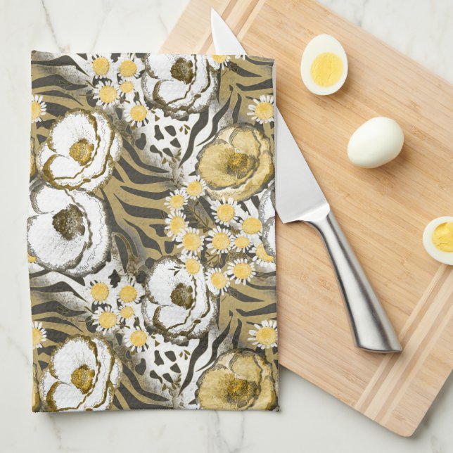 Yellow, white flowers on a tiger background  tea towel (Quarter Fold)
