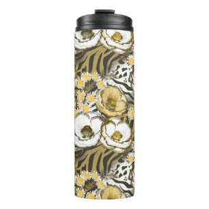 Yellow, white flowers on a tiger background  thermal tumbler
