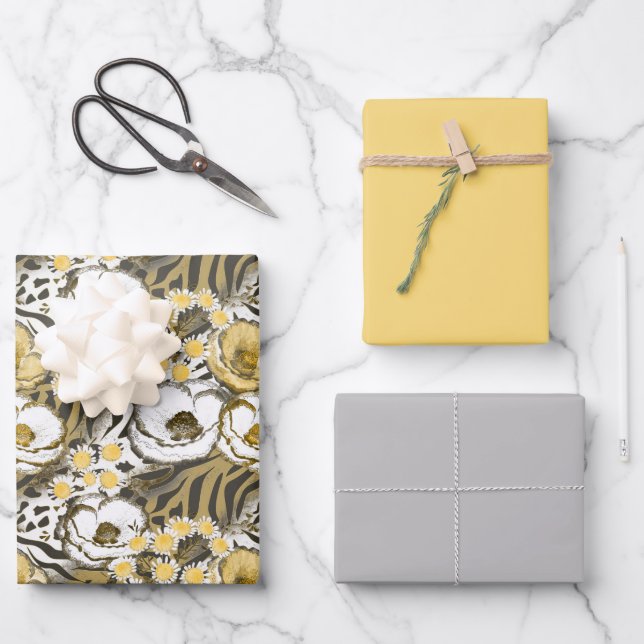 Yellow, white flowers on a tiger background  wrapping paper sheet (Front)