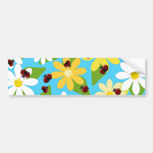 Yellow White Flowers Red Ladybug Beetle Bumper Sticker