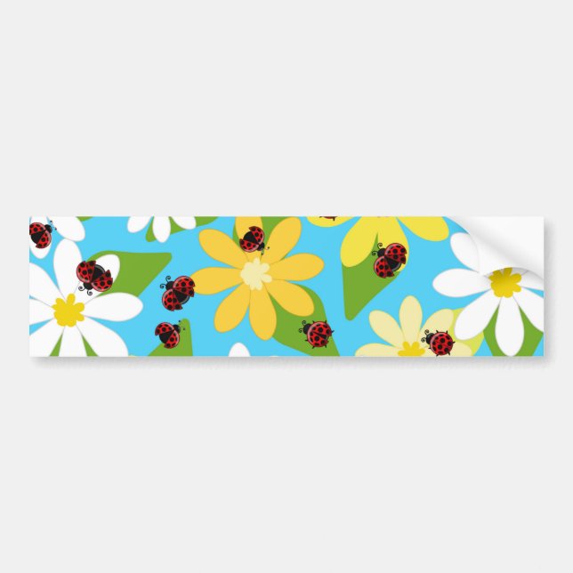 Yellow White Flowers Red Ladybug Beetle Bumper Sticker (Front)