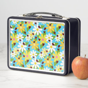 Yellow White Flowers Red Ladybug Beetle Metal Lunch Box