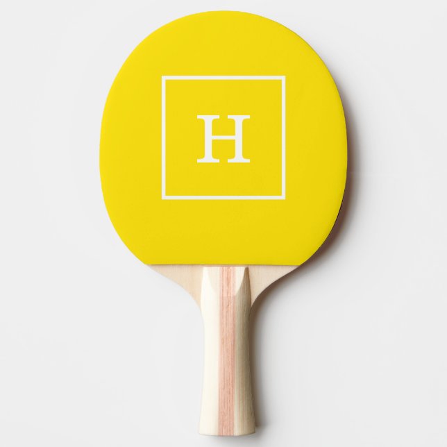 Yellow White Framed Initial Monogram Ping Pong Paddle (Front)
