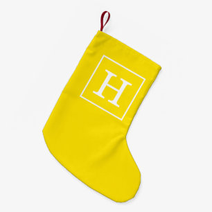 Yellow White Framed Initial Monogram Small Christmas Stocking